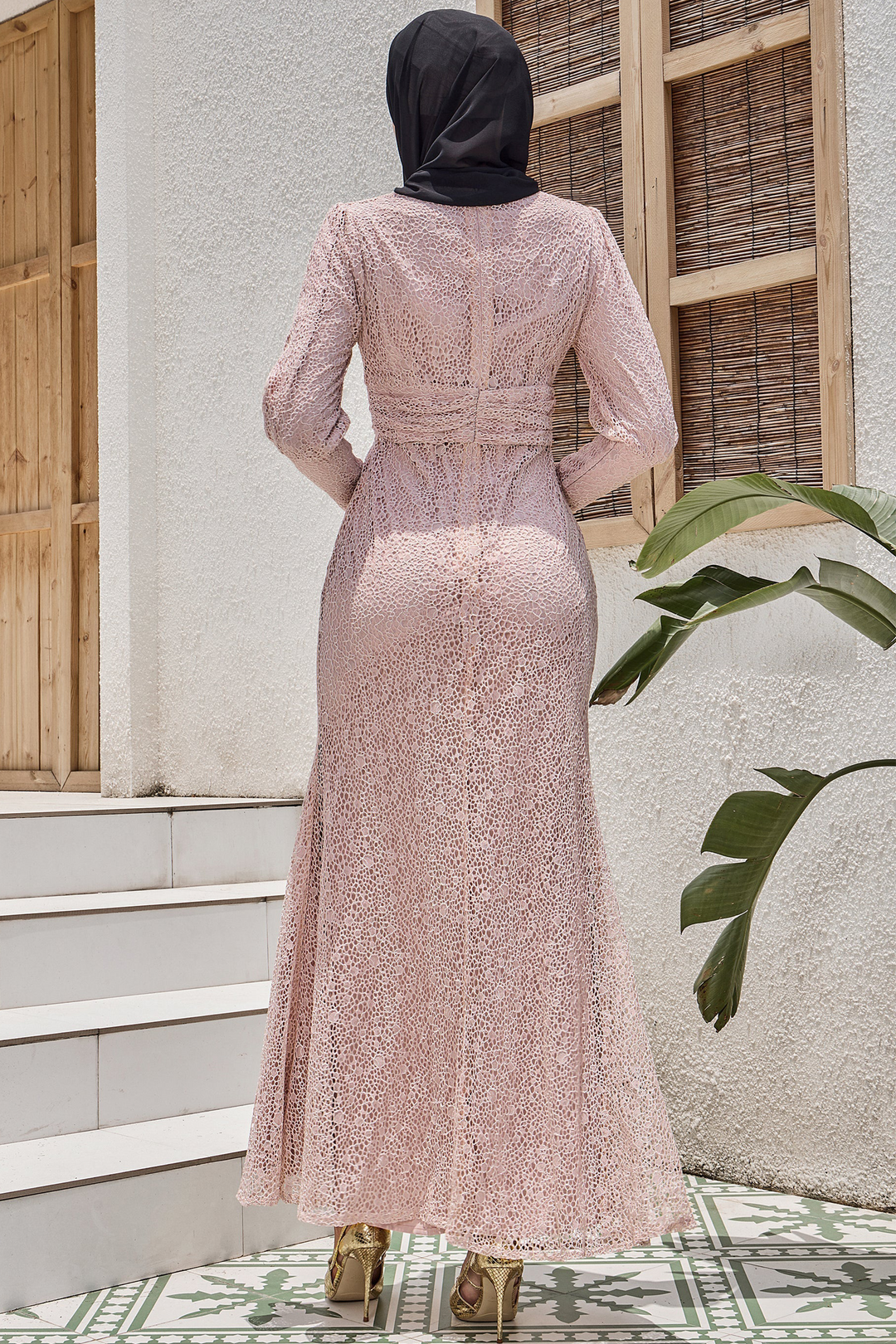 Long-sleeved pink lace dress from Beige Lace Ruched Waist Long Sleeve Gown-CLEARANCE