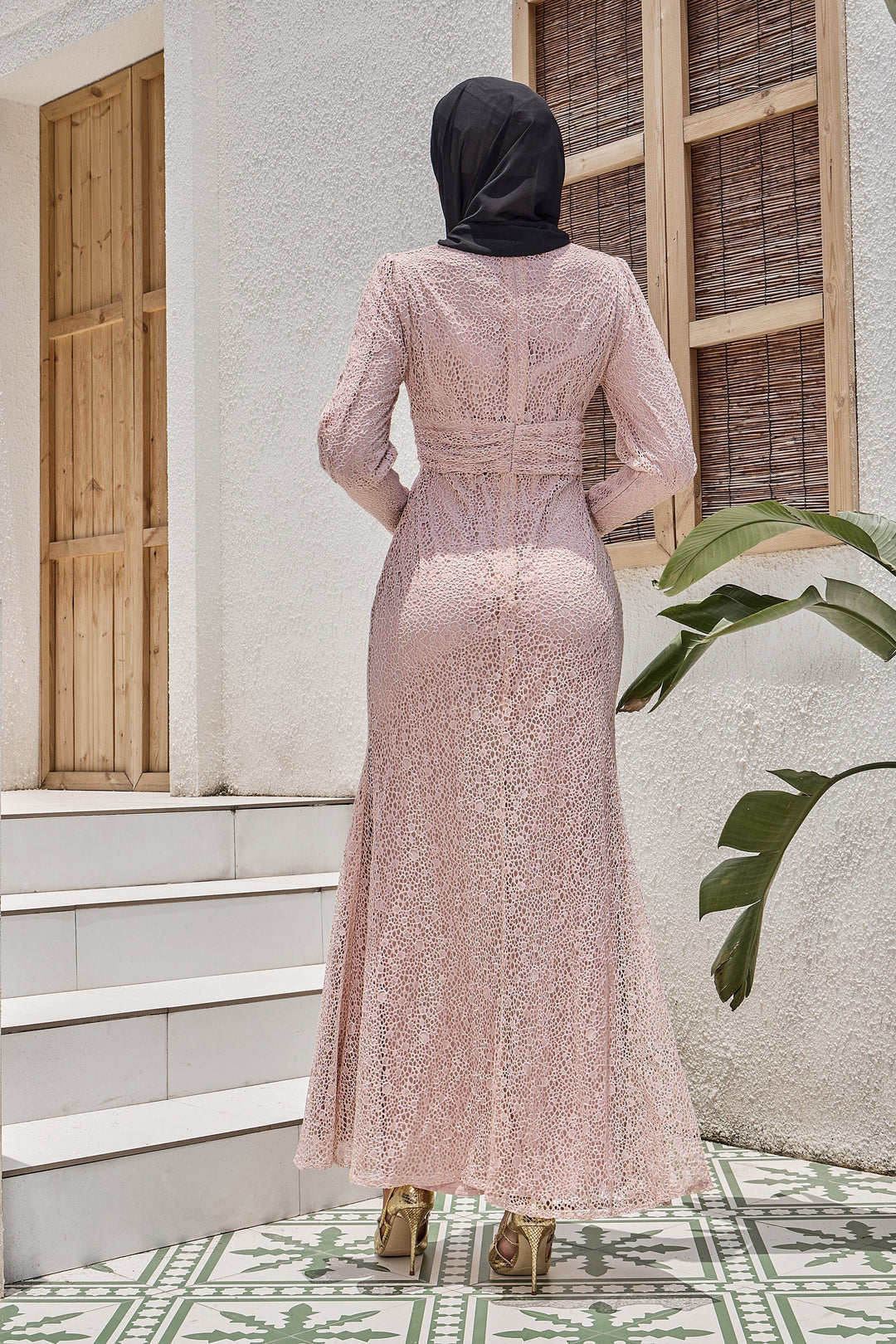 Long-sleeved pink lace dress from Beige Lace Ruched Waist Long Sleeve Gown-CLEARANCE