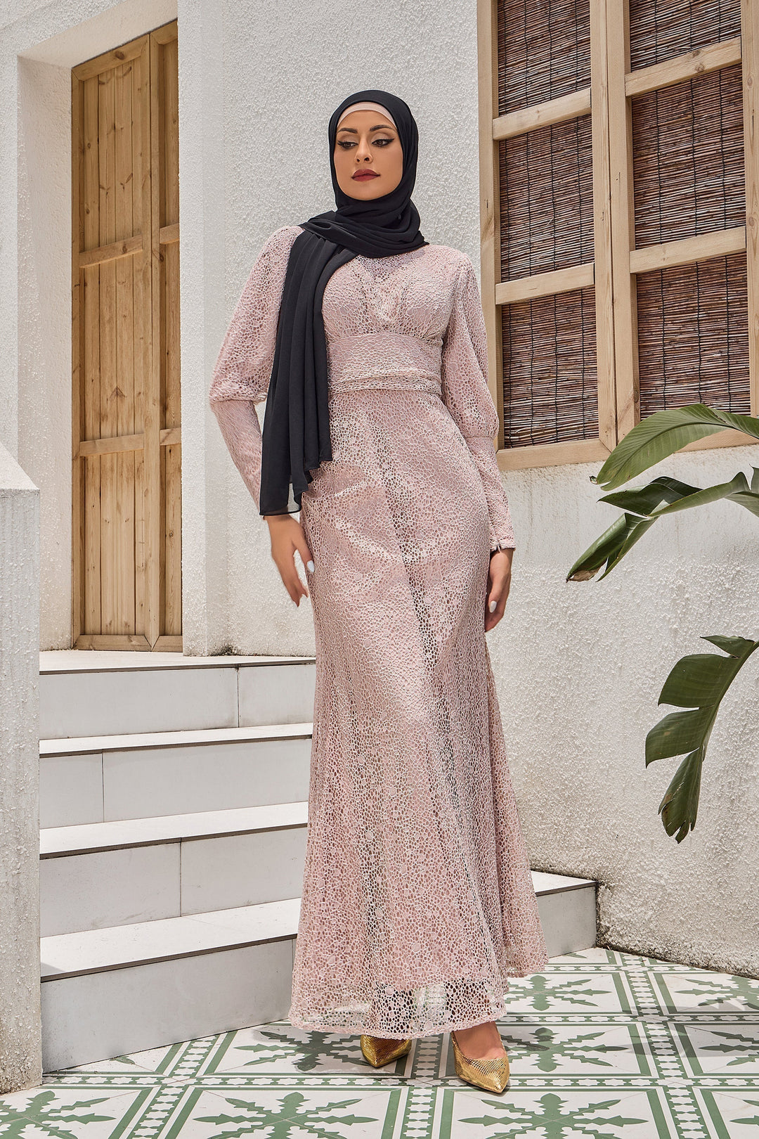 Beige Lace Ruched Waist Long Sleeve Gown with elegant black hijab for modest fashion