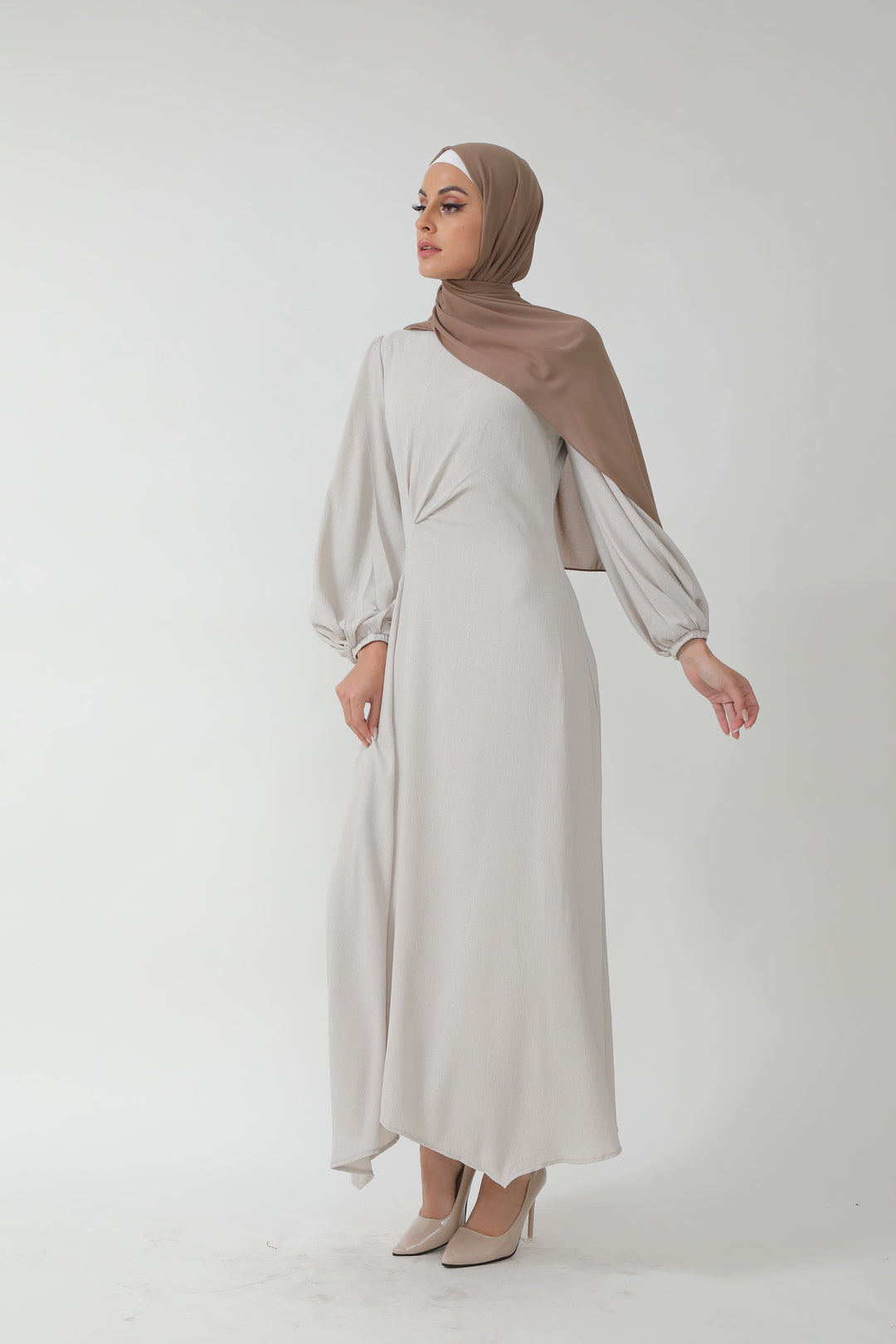 Modest Beige Metallic Pinstripe Long Sleeve Maxi Dress with Hijab on clearance sale