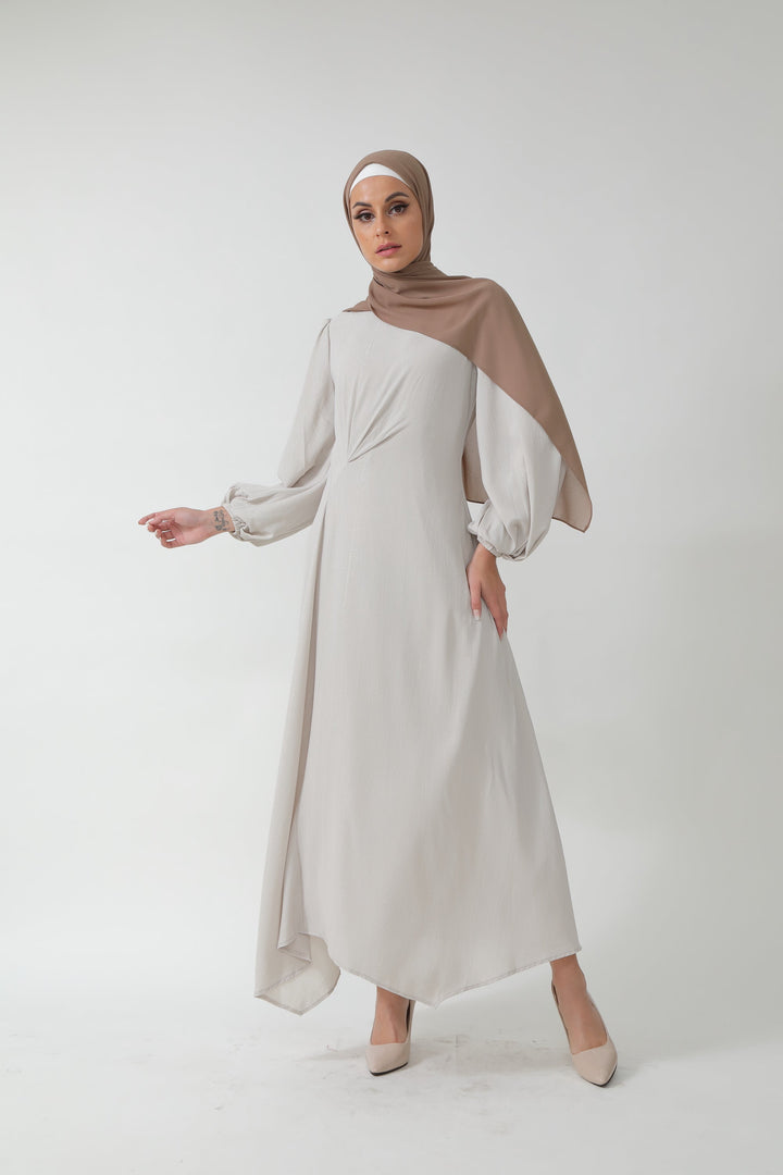 Elegant Beige Metallic Pinstripe Long Sleeve Maxi Dress with Hijab for Modest Fashion