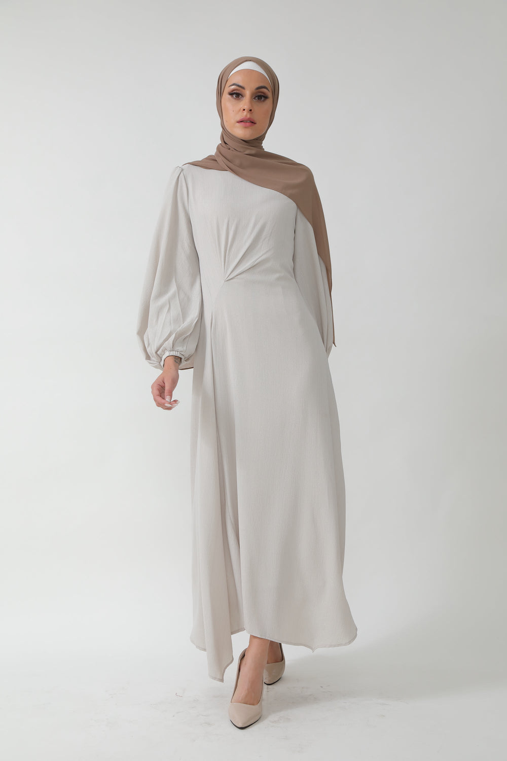 Elegant Beige Metallic Pinstripe Long Sleeve Maxi Dress with Hijab in clearance