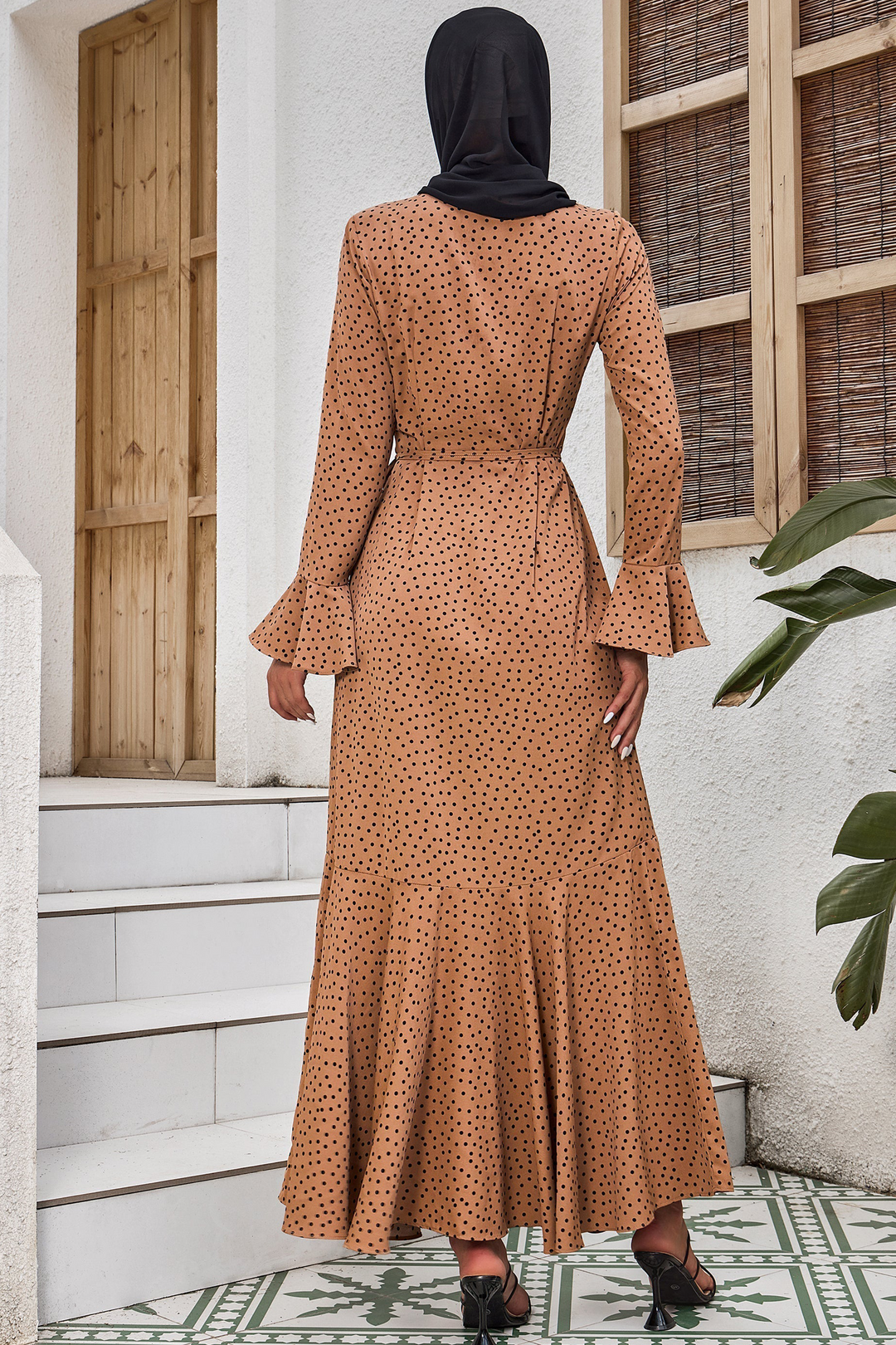 Beige Polka Dots Ruffle Wrap Maxi Dress-CLEARANCE