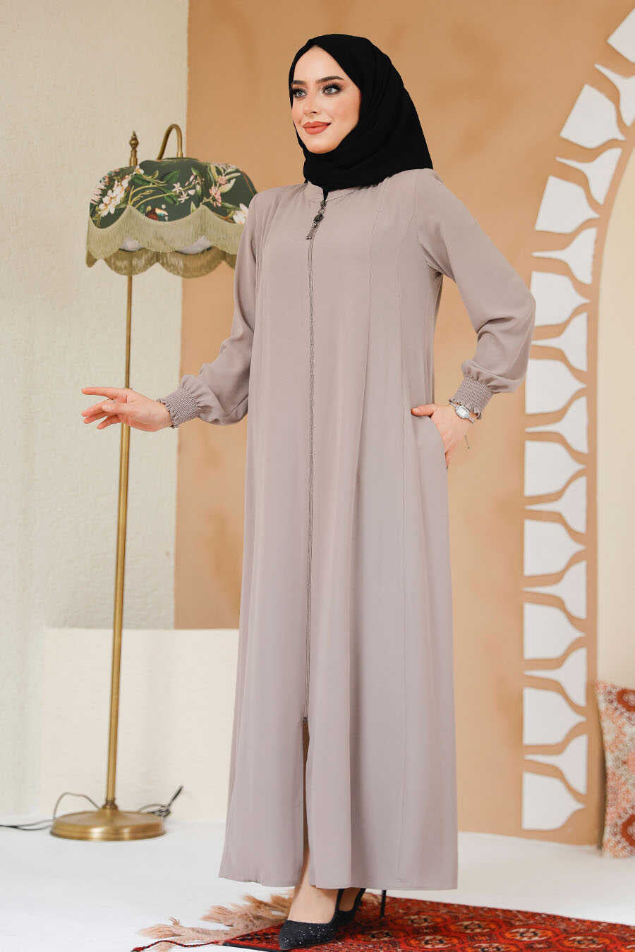 Beige Zipper Abaya - Abayas