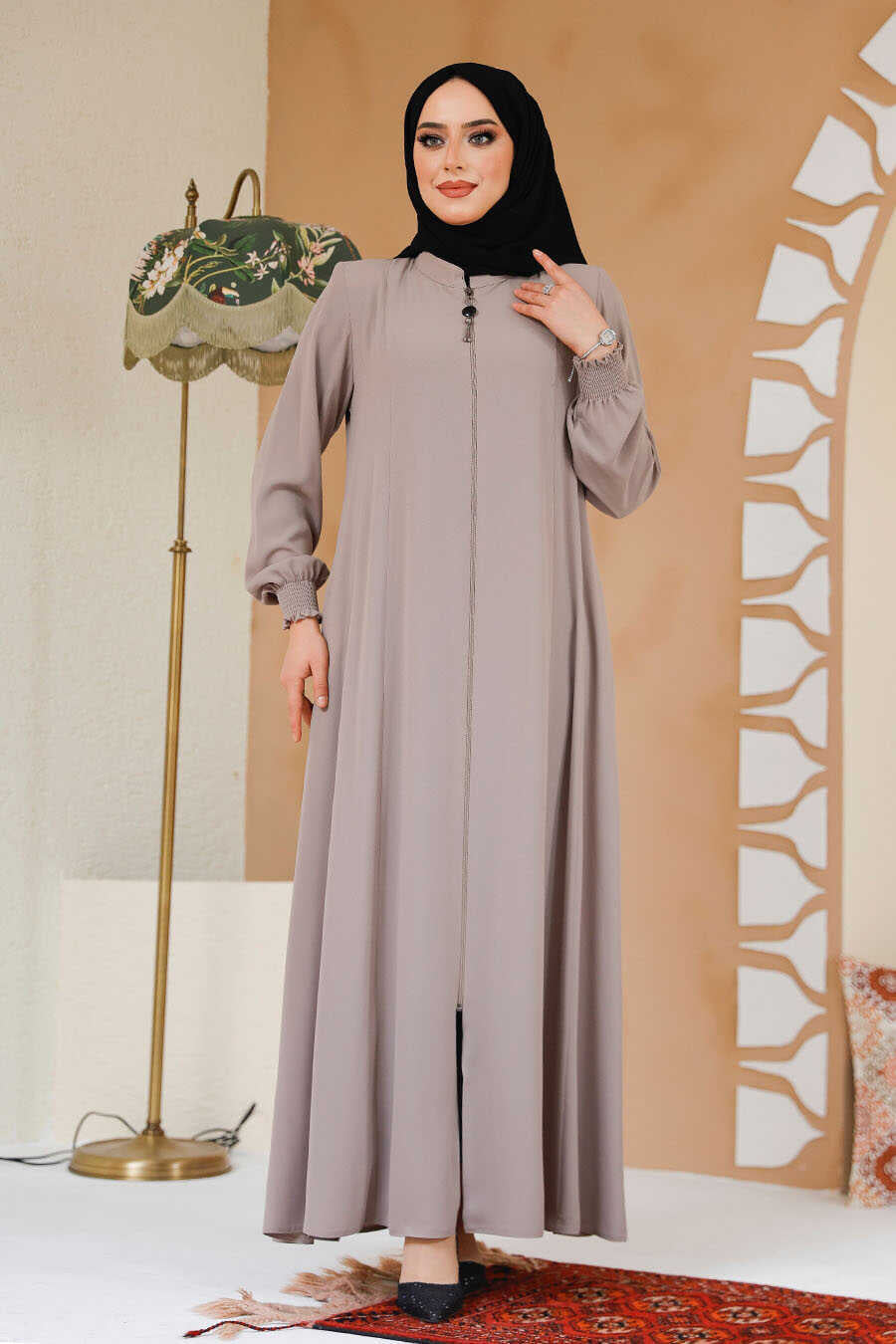 Beige Zipper Abaya - Abayas