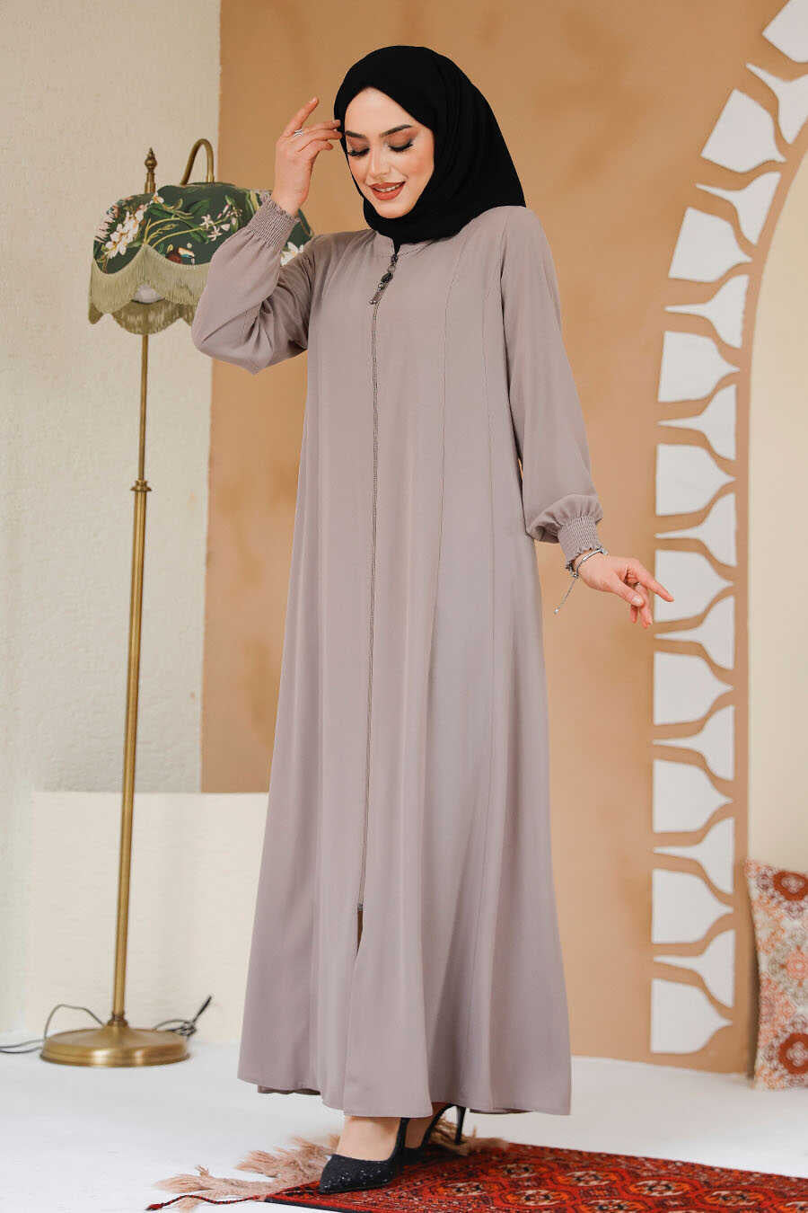 Beige Zipper Abaya - Abayas