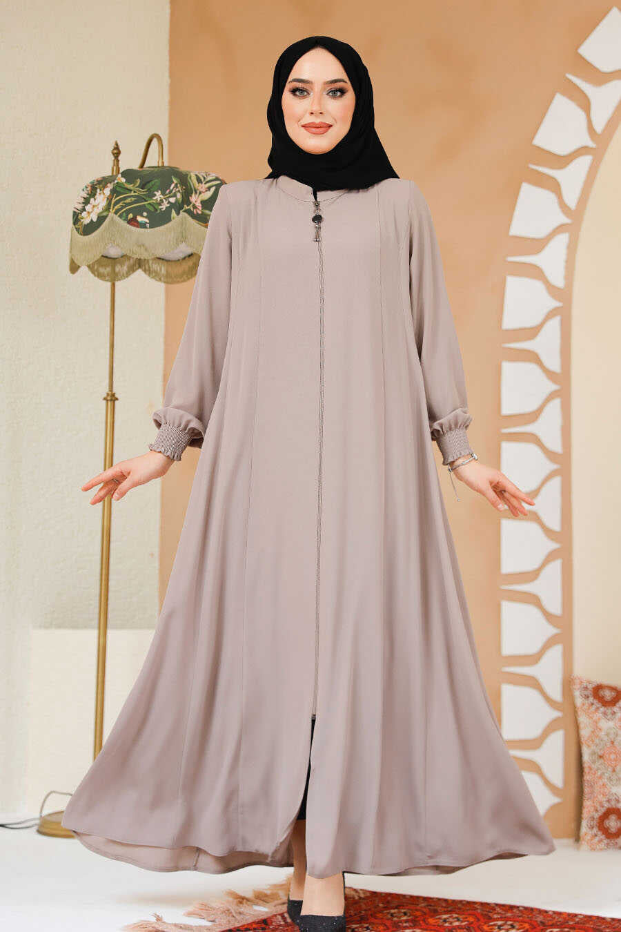 Beige Zipper Abaya - Abayas