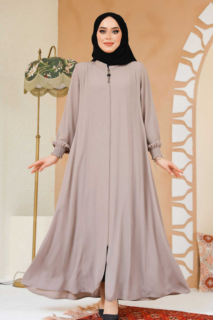 Beige Zipper Abaya - Abayas