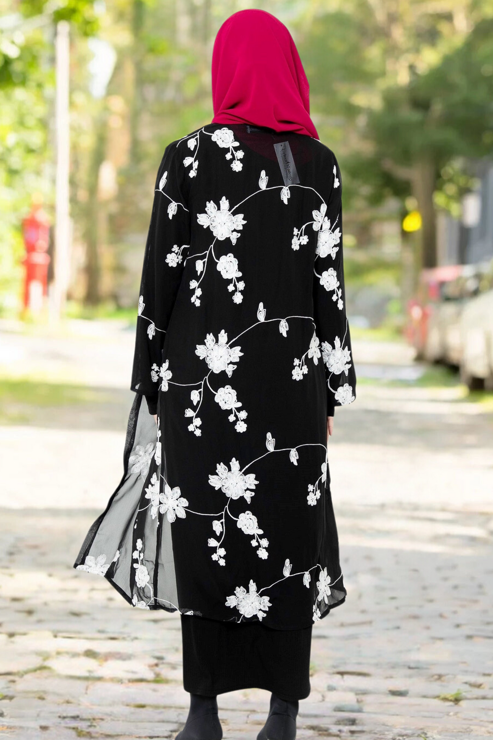 Black floral-patterned modest dress with Black and White Embroidered Sheer Midi Cardigan