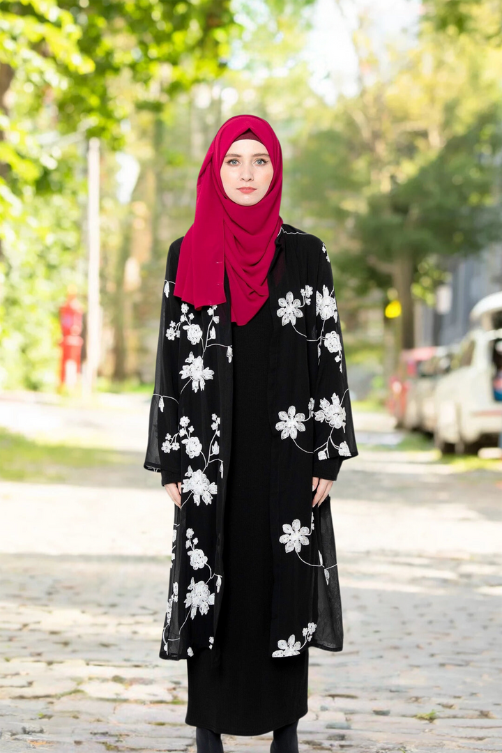 Black and White Embroidered Sheer Midi Cardigan