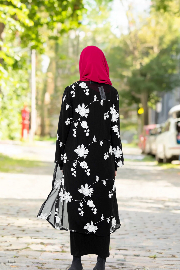 Black and White Embroidered Sheer Midi Cardigan