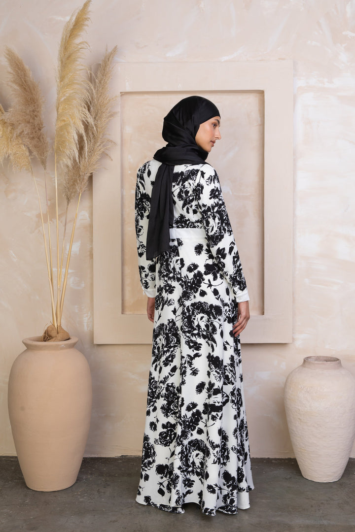 Floral Black and White Maxi Dress with Sleeves, perfect for stylish modest fashion