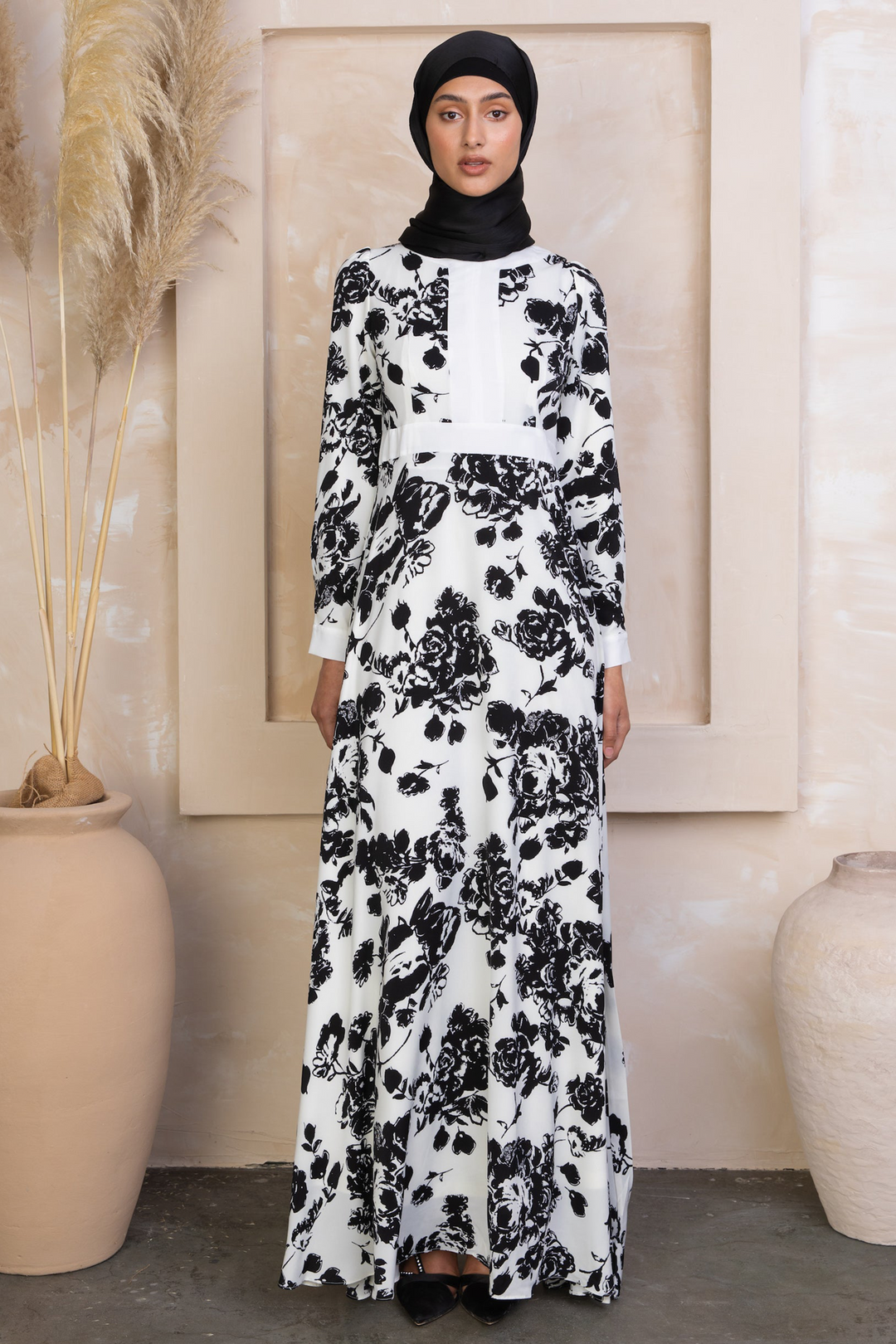 Black and White Floral Maxi Dress featuring elegant sleeves on clearance sale