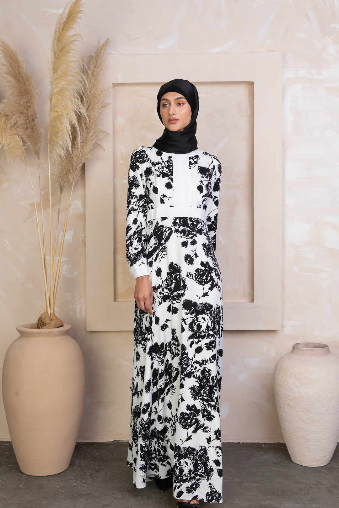 Floral black and white maxi dress with sleeves from the clearance collection