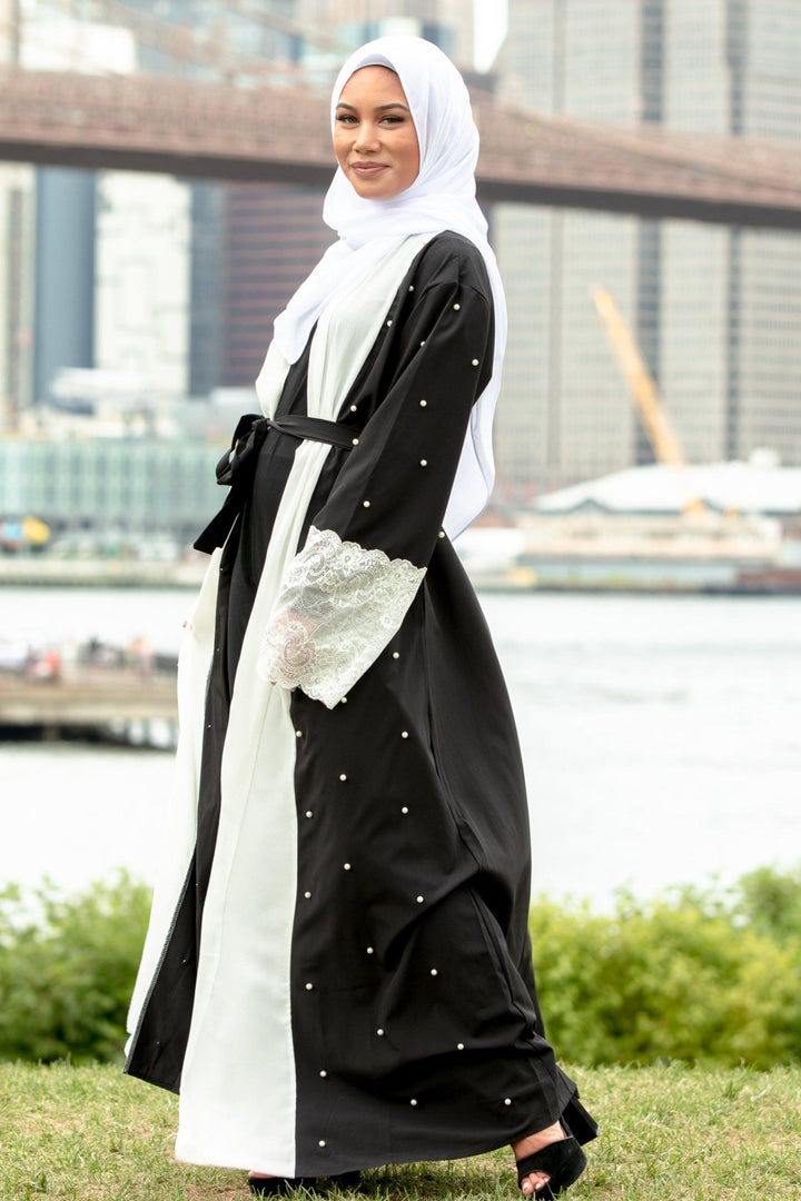 Black and White Pearl Open Front Abaya with hand sewn pearls and elegant kimono sleeves