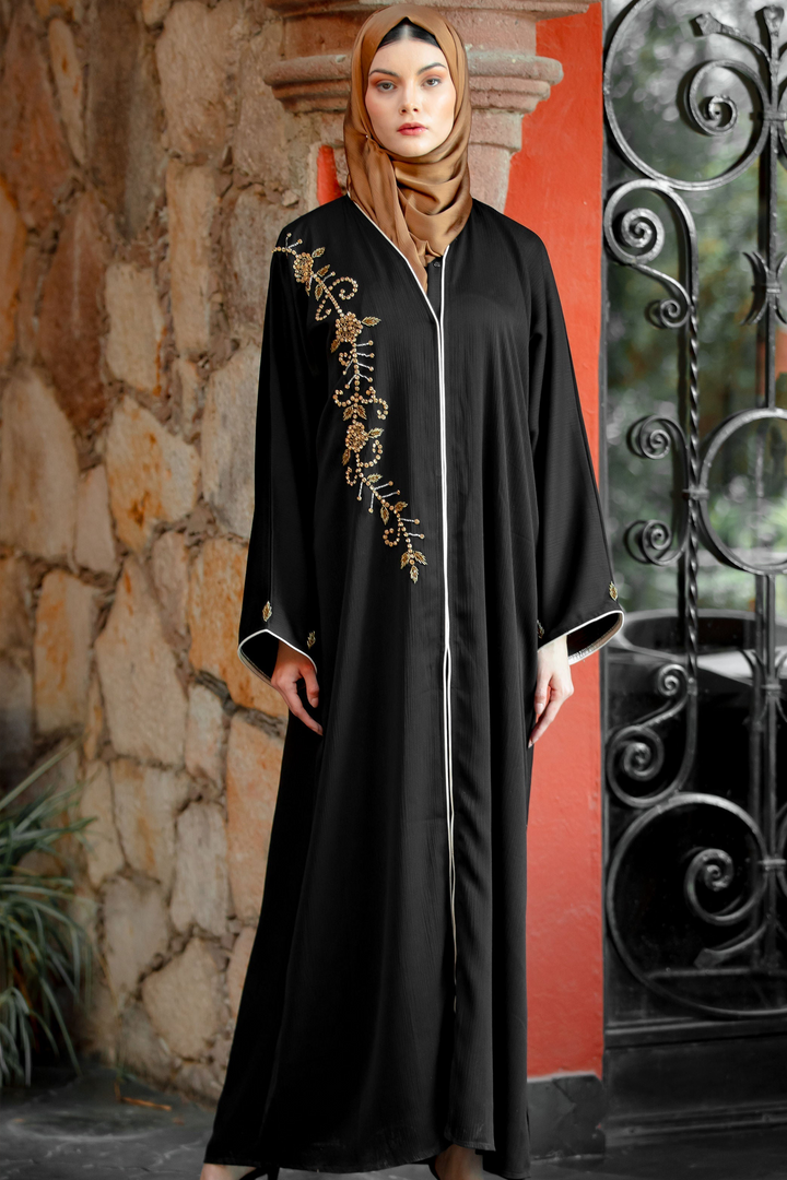 Black embroidered abaya with hijab featuring elegant black beaded button details