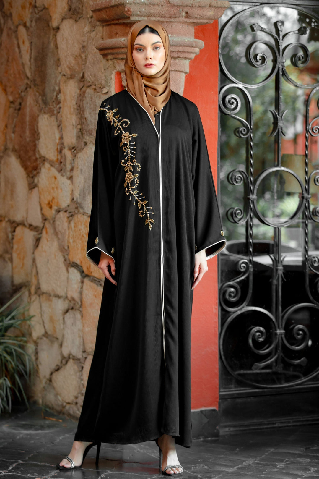 Elegant Black Beaded Button Down Open Front Abaya with Gold Embroidery Detail