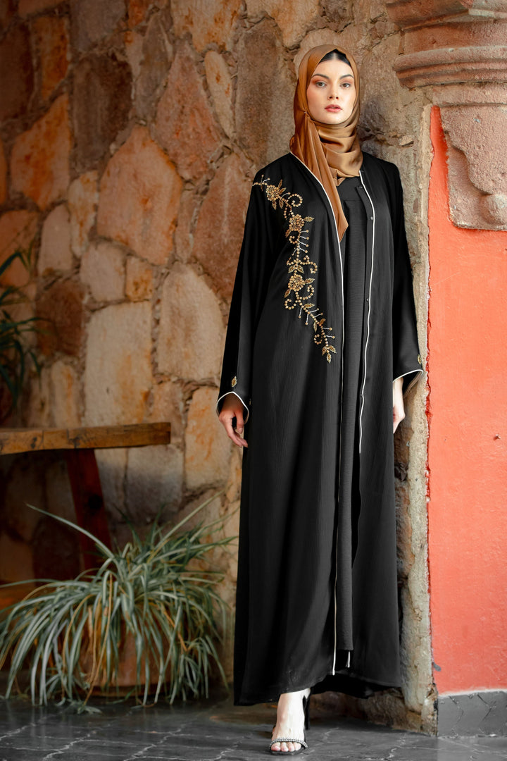 Elegant Black Abaya with Gold Embroidery and Beaded Button Details for Stylish Looks