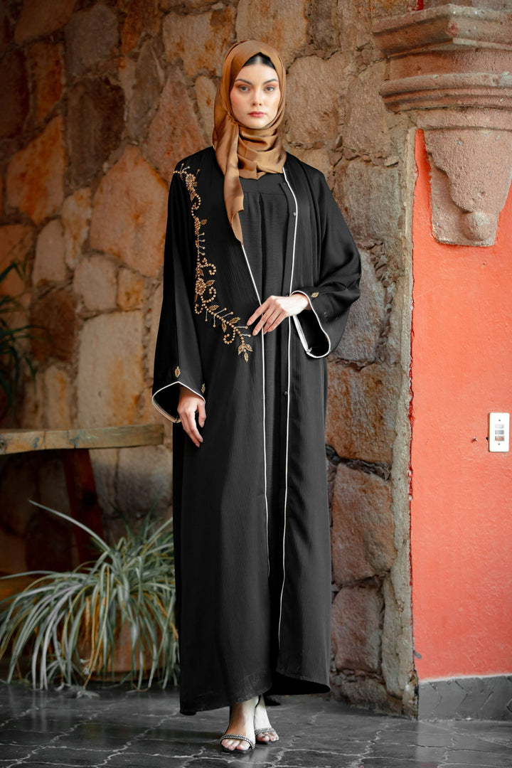 Elegant black beaded button down open front abaya with gold embroidery design