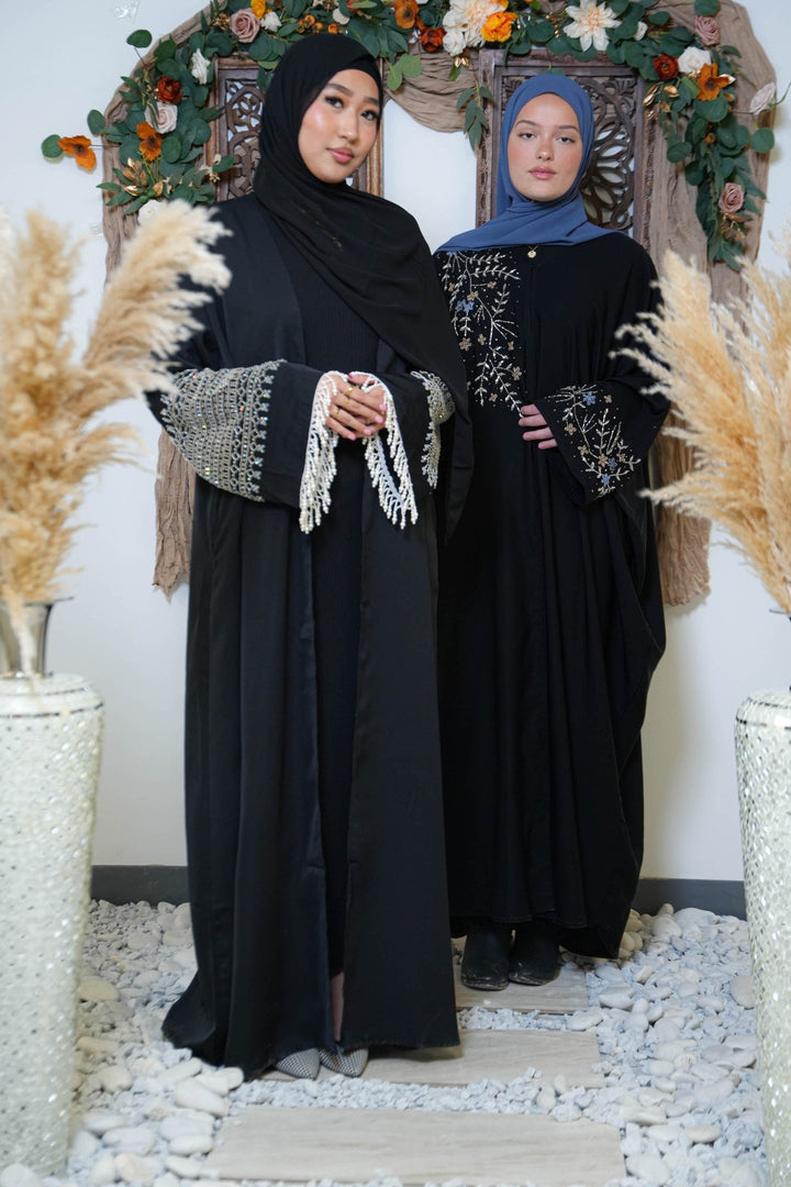 Black Beaded Kimono Sleeves Open Front Abaya