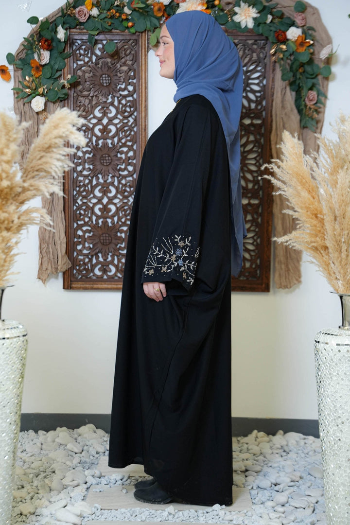 Black Beaded Kimono Sleeves Open Front Abaya-CLEARANCE