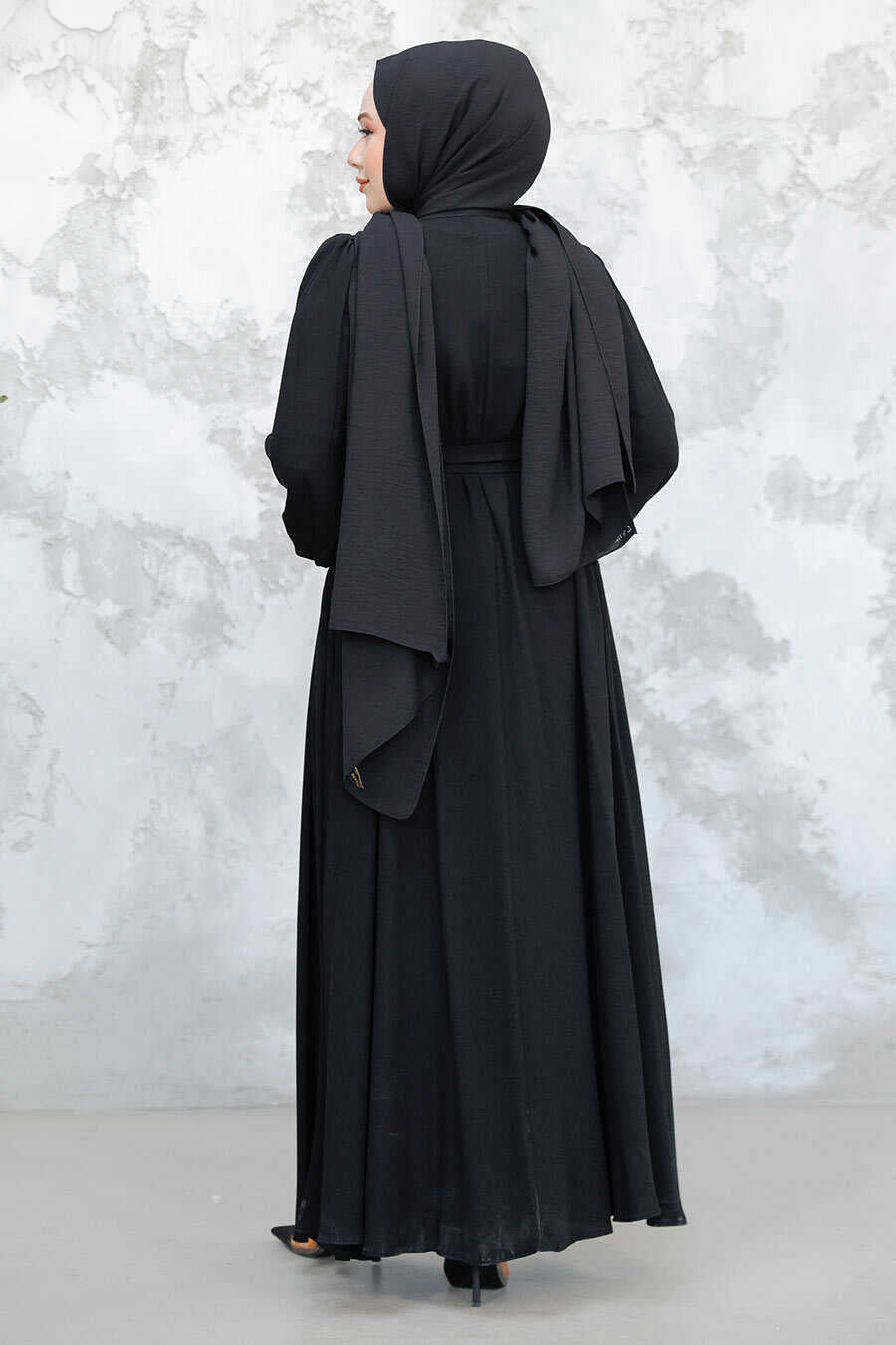 Black Button Down Belted Abaya - Abayas