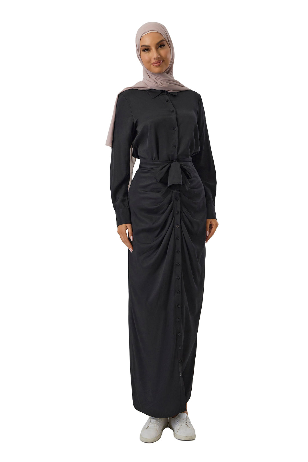 Black belted modest dress in Black Button Down Shirt and Skirt Set on clearance sale