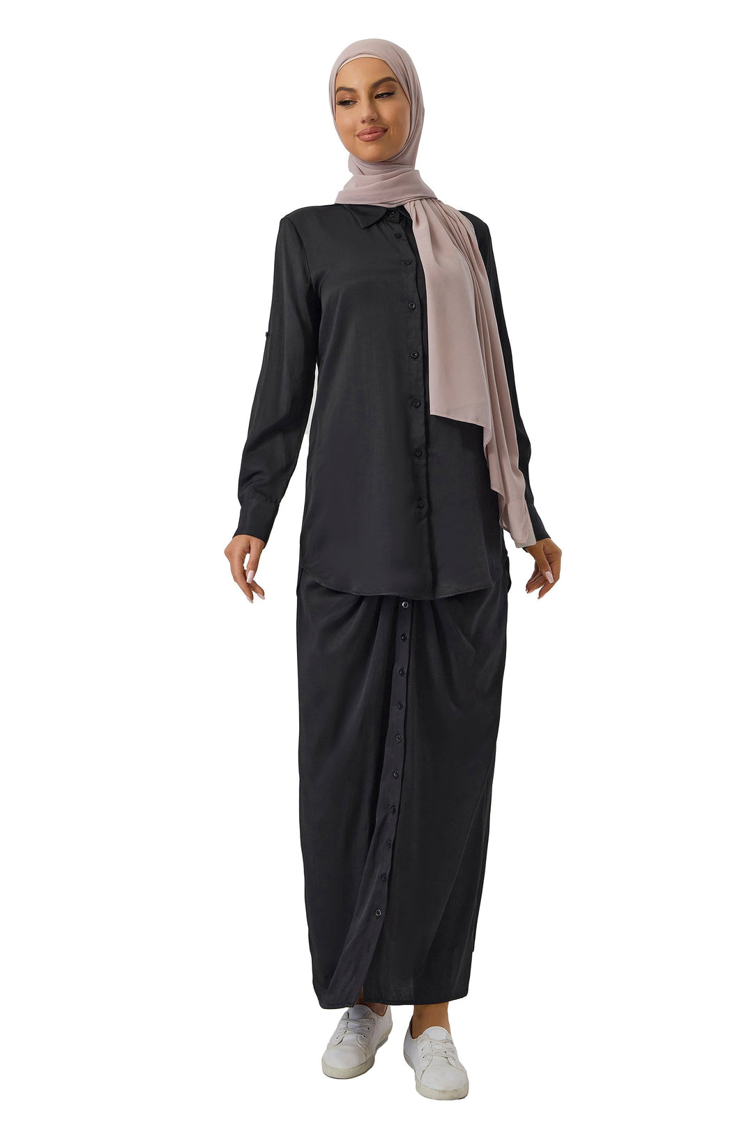 Modest black button down shirt and skirt set with hijab for elegant style