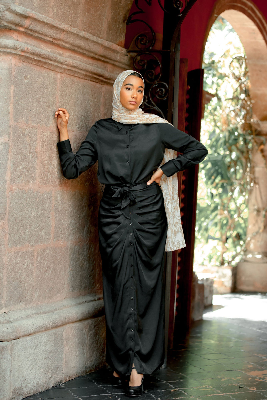 Elegant black satin maxi dress with hijab from Black Button Down Shirt and Skirt Set