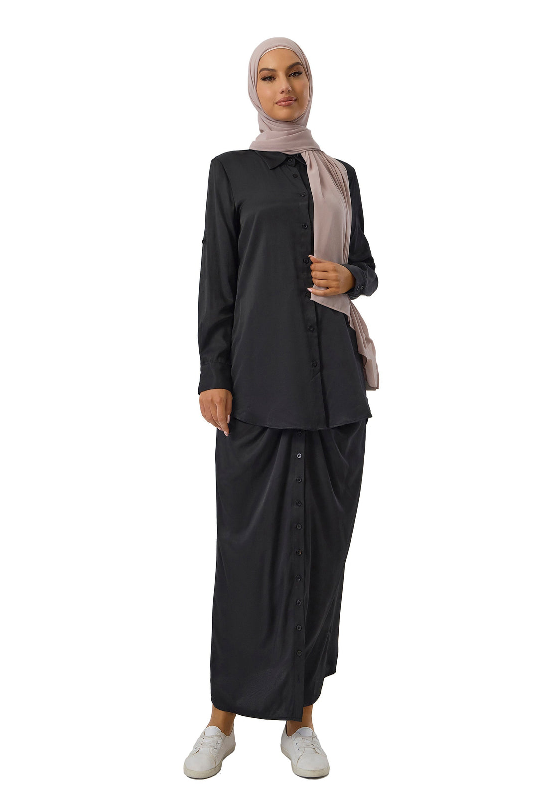 Woman in black modest dress with hijab wearing Black Button Down Shirt and Skirt Set