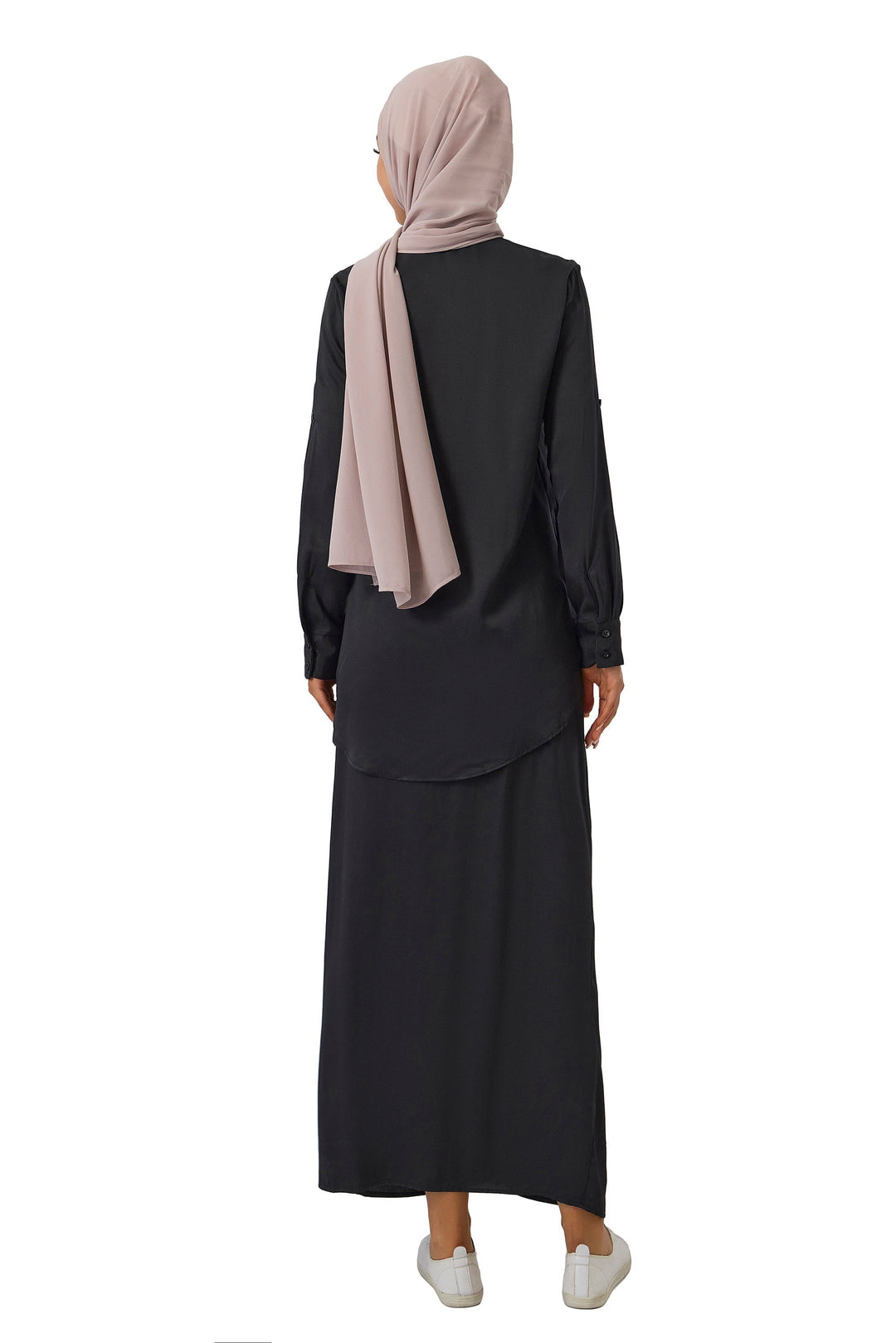 Woman in black modest dress with hijab wearing a Black Button Down Shirt and Skirt Set