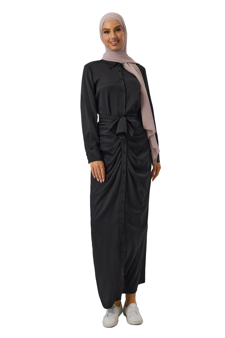 Black button down shirt and skirt set featuring a modest maxi dress with hijab