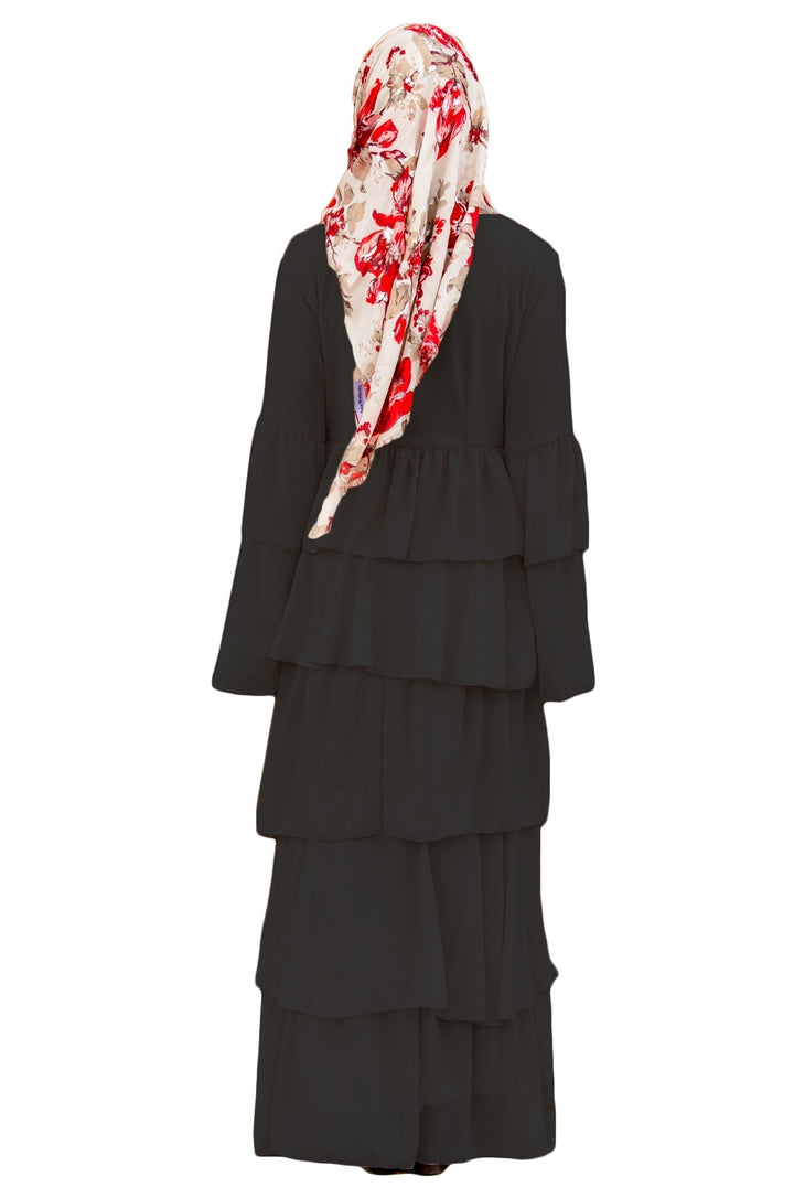 Black Cascading Ruffles Open Front Abaya with floral headscarf in stylish tiered design