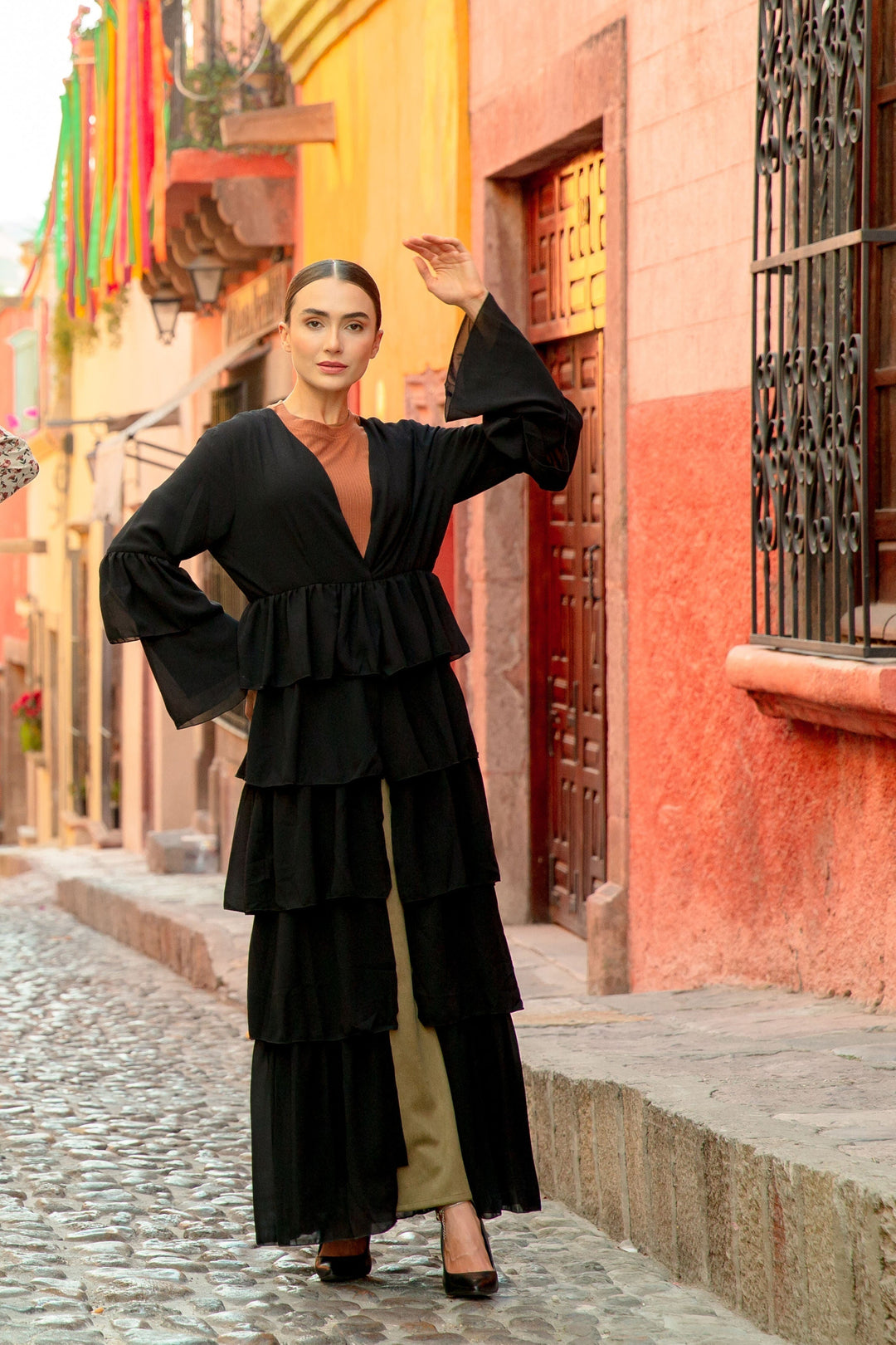 Black Cascading Ruffles Open Front Abaya featuring elegant tiered ruffles design