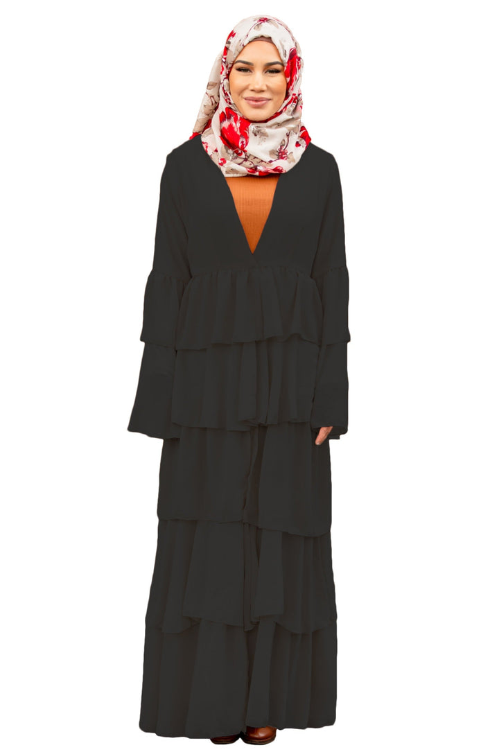 Tiered black abaya with cascading ruffles and floral hijab in clearance sale