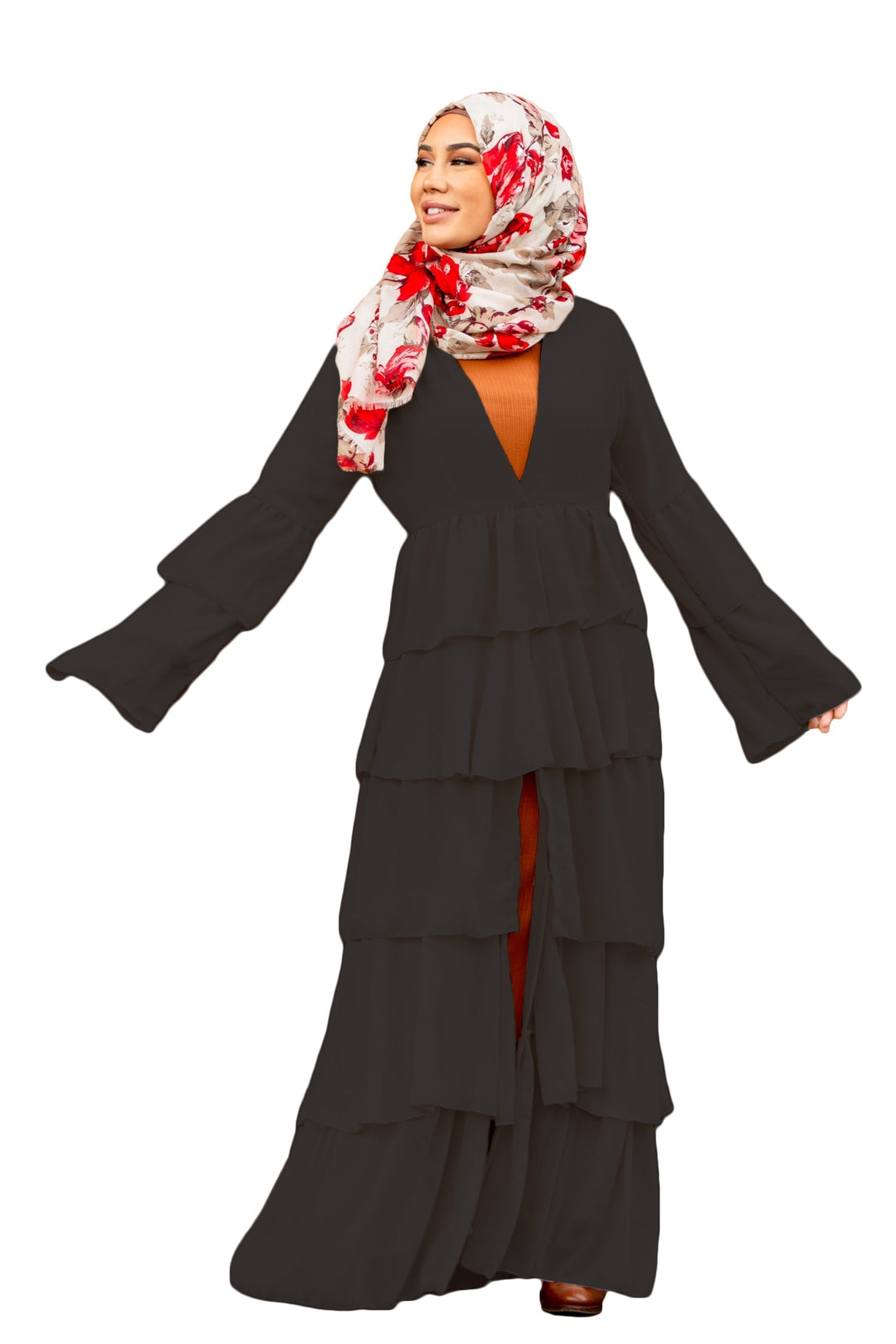 Black cascading ruffles open front abaya with floral hijab for stylish modest wear