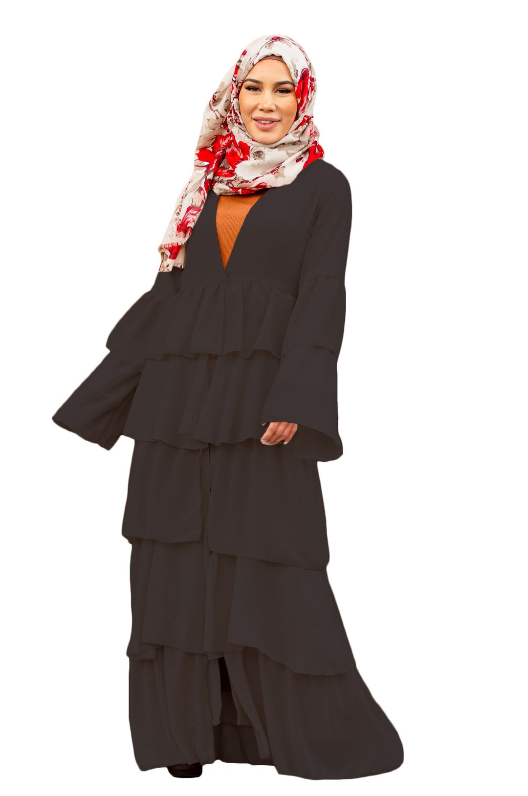 Woman in black cascading ruffles open front Abaya with floral hijab for clearance sale