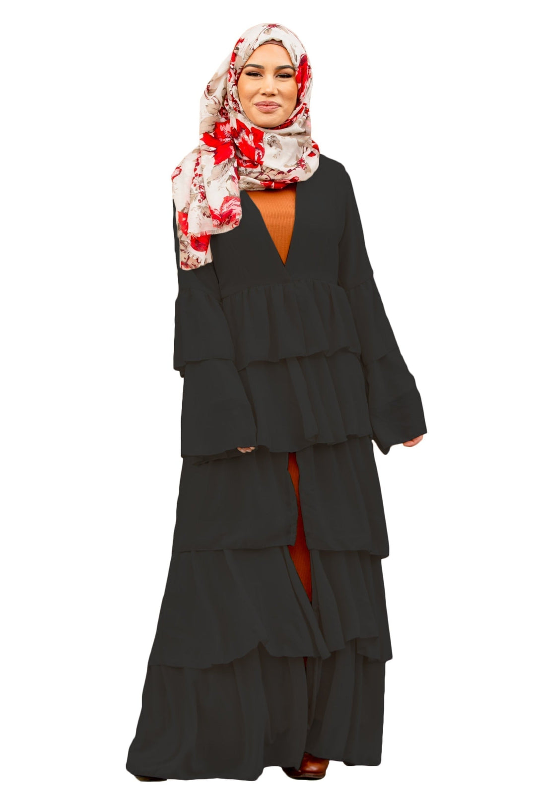 Black Cascading Ruffles Open Front Abaya with Floral Hijab featuring tiered ruffles