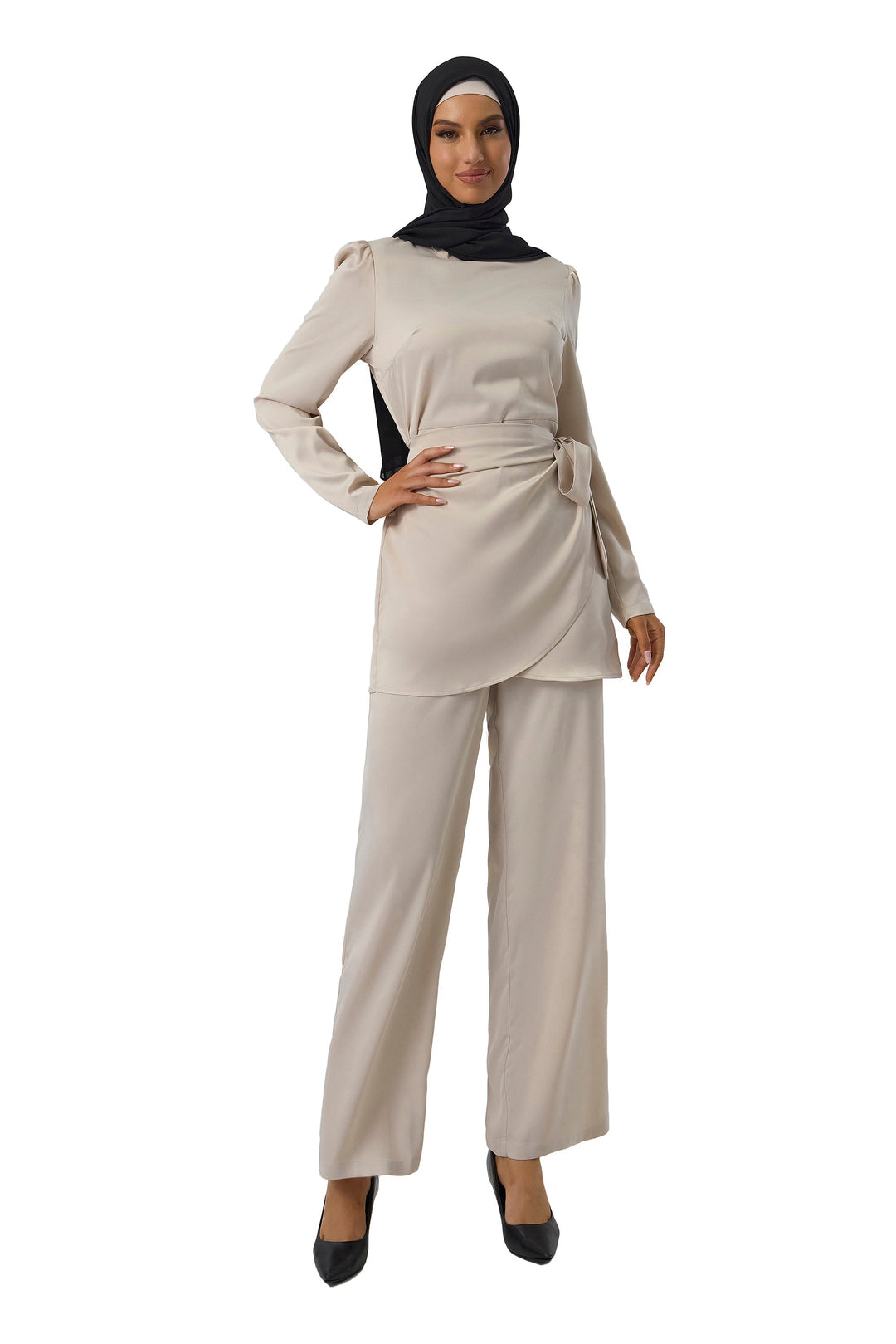 Modest beige pantsuit styled with a Black Chiffon Hijab scarf for elegant looks