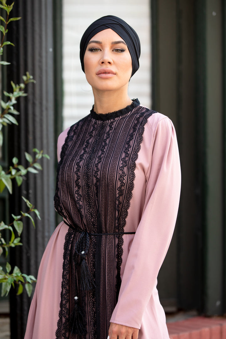 Woman in pink dress wearing Black Criss-Cross Cap Hijab UnderScarf with black lace