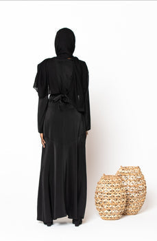 Black Criss Cross Satin Maxi Dress with matching hijab, featuring cross wrap waist design