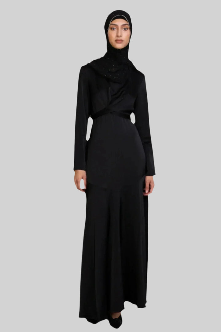 Black Criss Cross Satin Maxi Dress with Hijab showcasing a stylish cross wrap waist