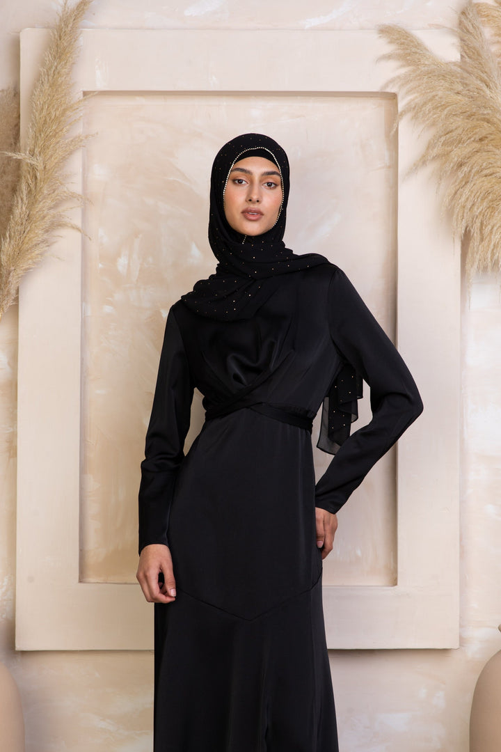 Elegant Black Criss Cross Satin Maxi Dress with Hijab featuring a cross wrap waist