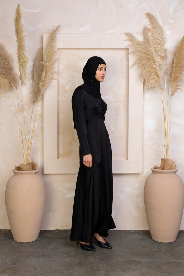 Black Criss Cross Satin Maxi Dress with hijab highlighting cross wrap waist design