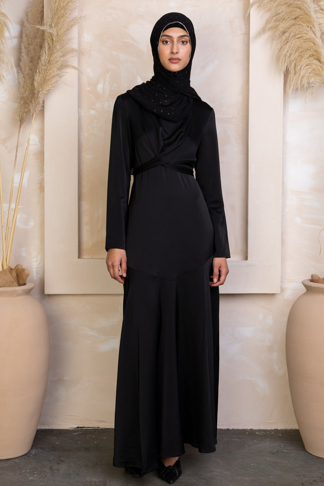 Black Criss Cross Satin Maxi Dress with hijab featuring elegant cross wrap waist design