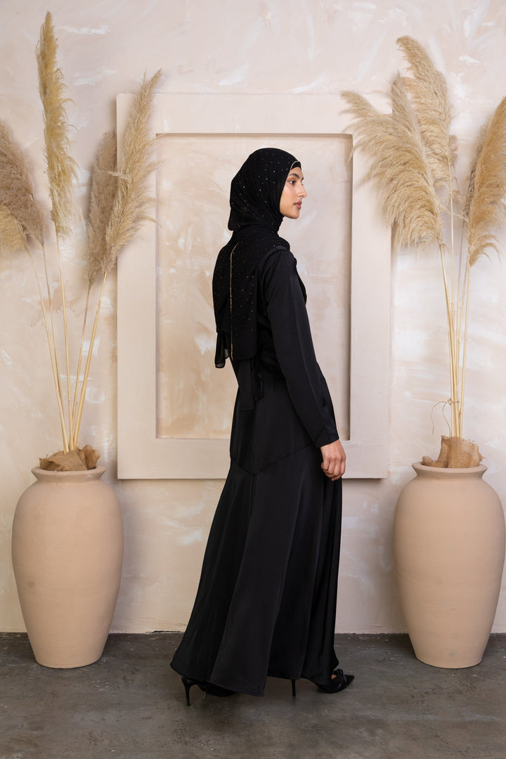 Black Criss Cross Satin Maxi Dress with hijab featuring a cross wrap waist design