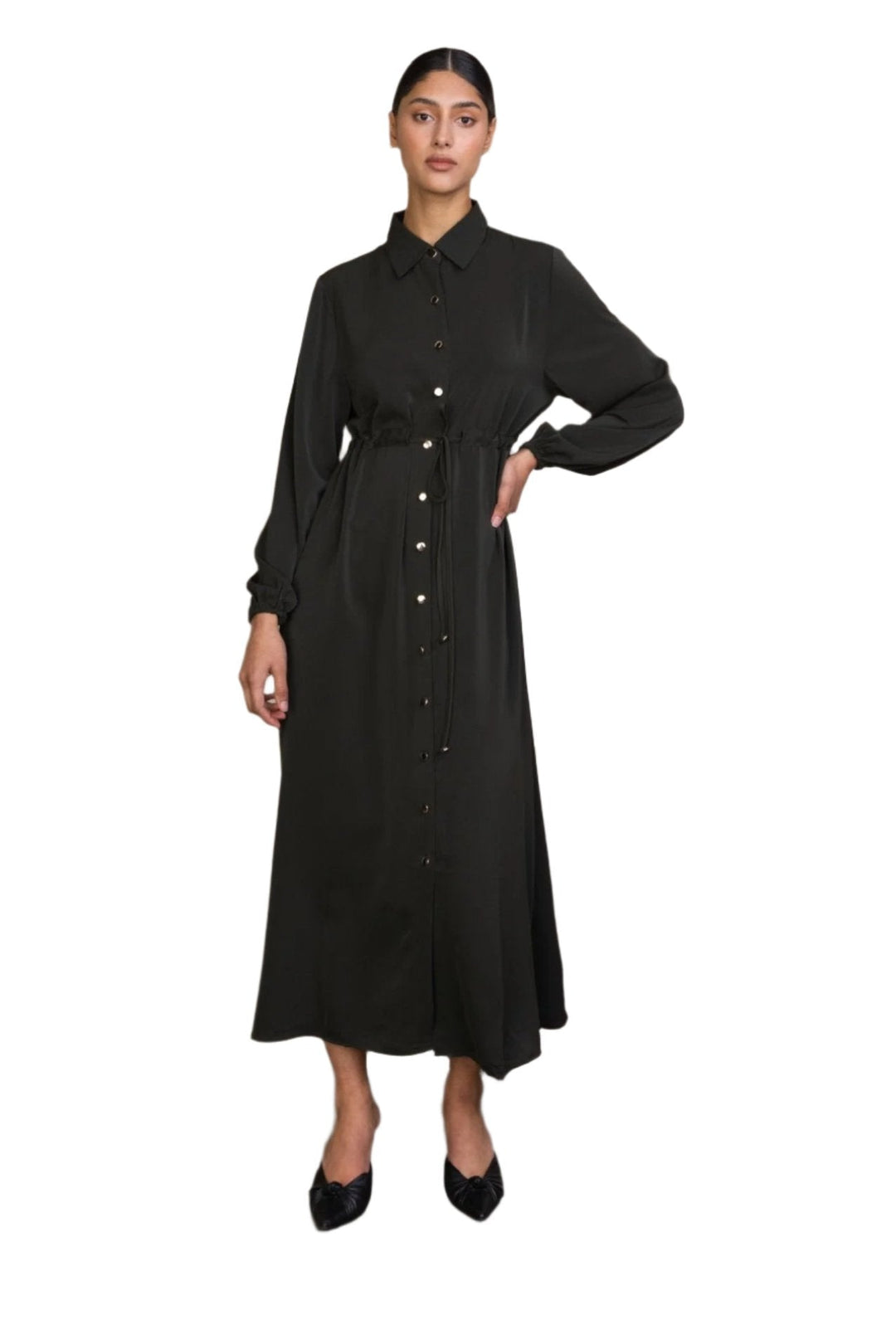 Long-sleeved button-down dress showcased in Black Drawstring Non-Sheer Maxi Cardigan