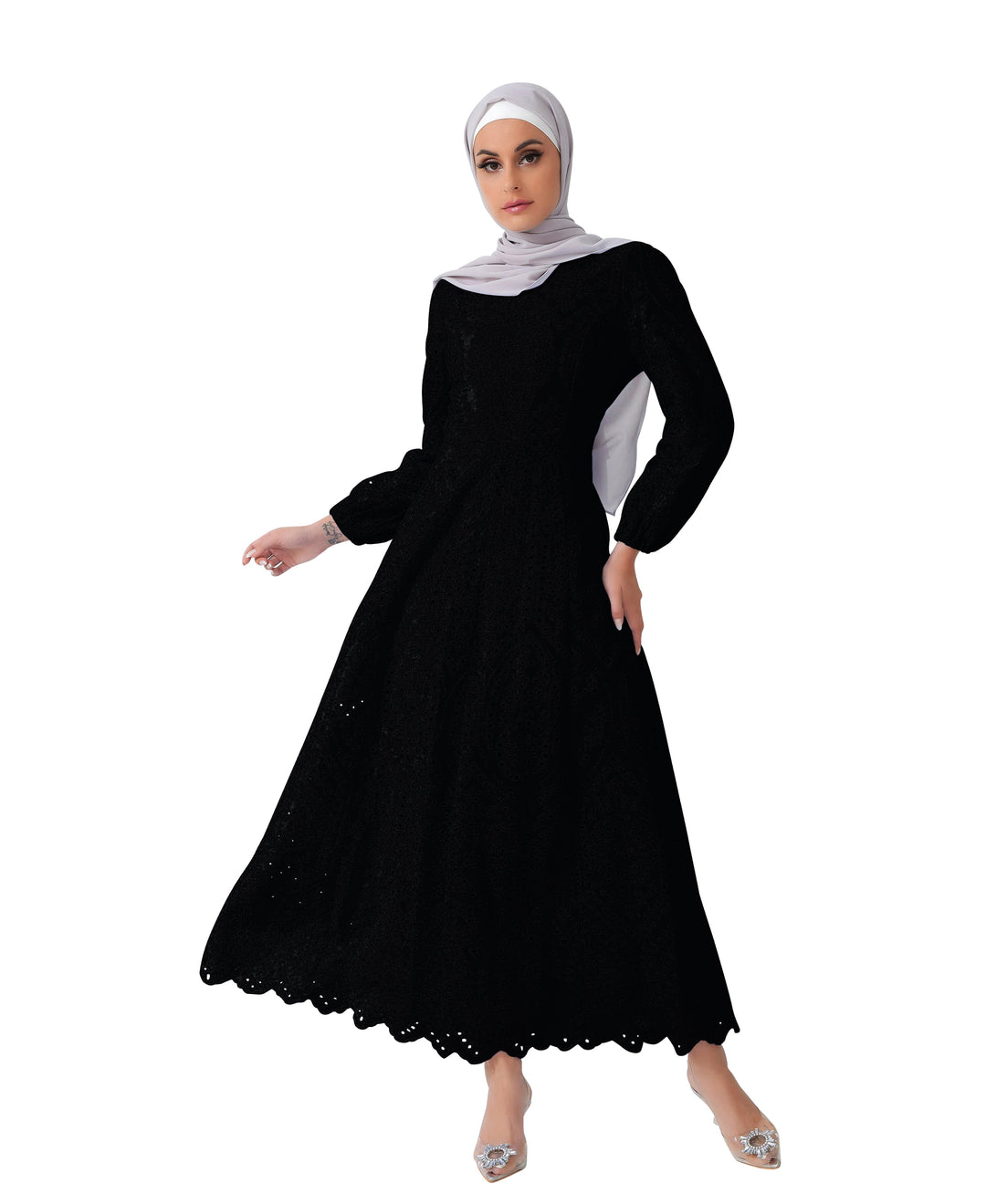 Black eyelet long sleeve maxi dress with scalloped hem and light gray hijab