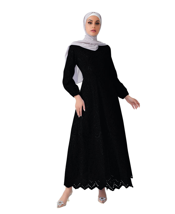 Black Eyelet Long Sleeve Maxi Dress featuring a scalloped hem design for elegant style