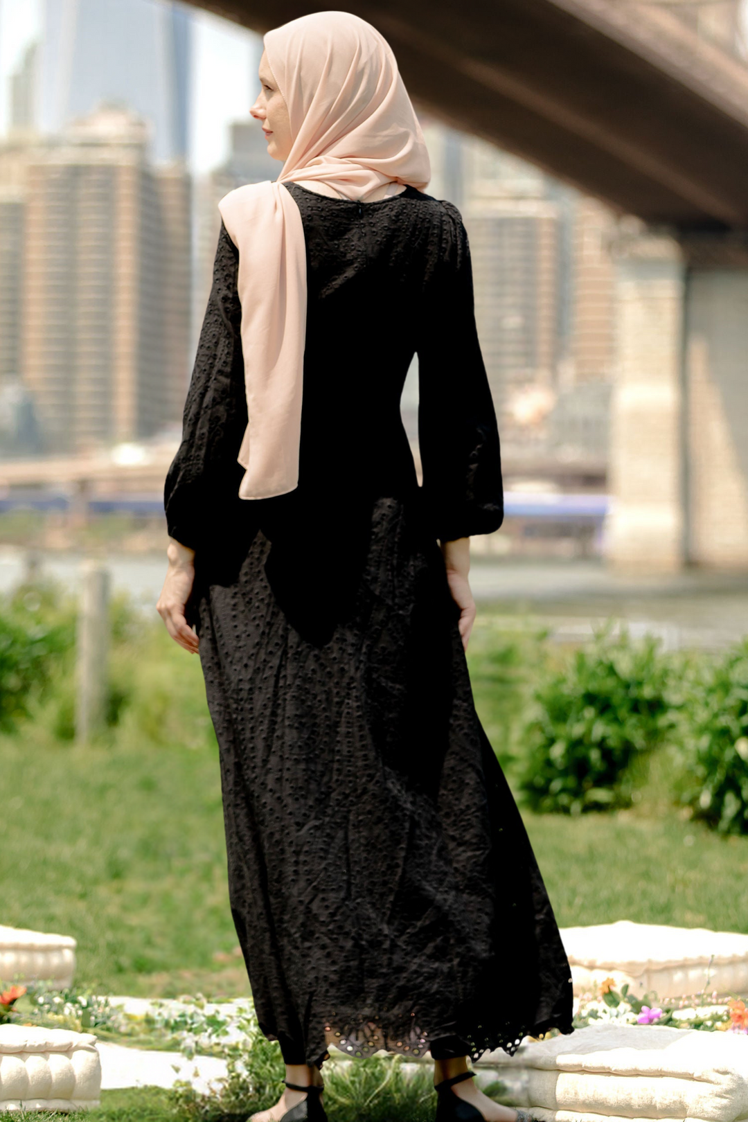 Black Eyelet Long Sleeve Maxi Dress with Peach Hijab and Elegant Black Lace Design